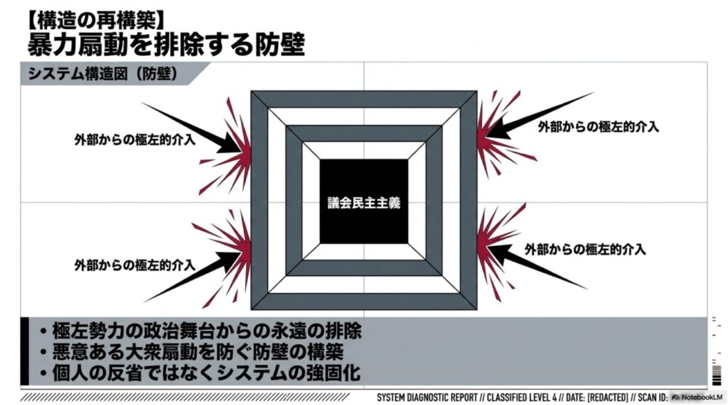 外部からの極左的介入から議会民主主義を守る防壁を示した、暴力煽動を排除するシステム構造図。