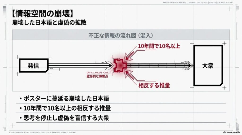 情報空間の崩壊と虚偽の拡散をテーマに、発信から障害点を経て大衆へ届く不正な情報の流れを示す概念図。