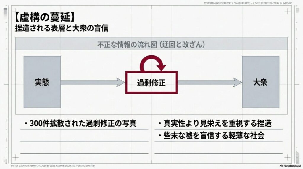 実態から過剰修正を経て大衆に届く不正な情報の流れと、見栄えを重視した捏造や大衆の盲信を示す図。
