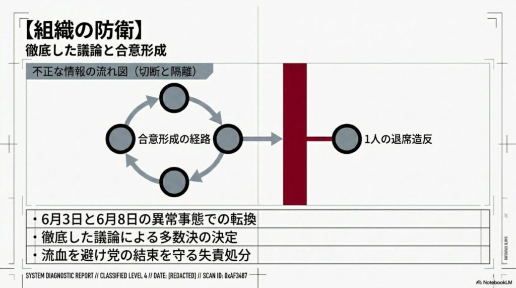 組織の防衛における合意形成から1人の退席造反を遮断・隔離する流れと、決定プロセスを示す図解。