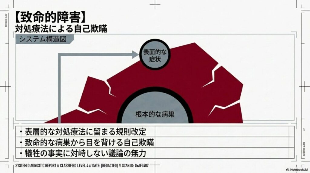 致命的障害と対処療法による自己欺瞞を、表面的な症状と根本的な病巣の対比で説明するシステム構造図。