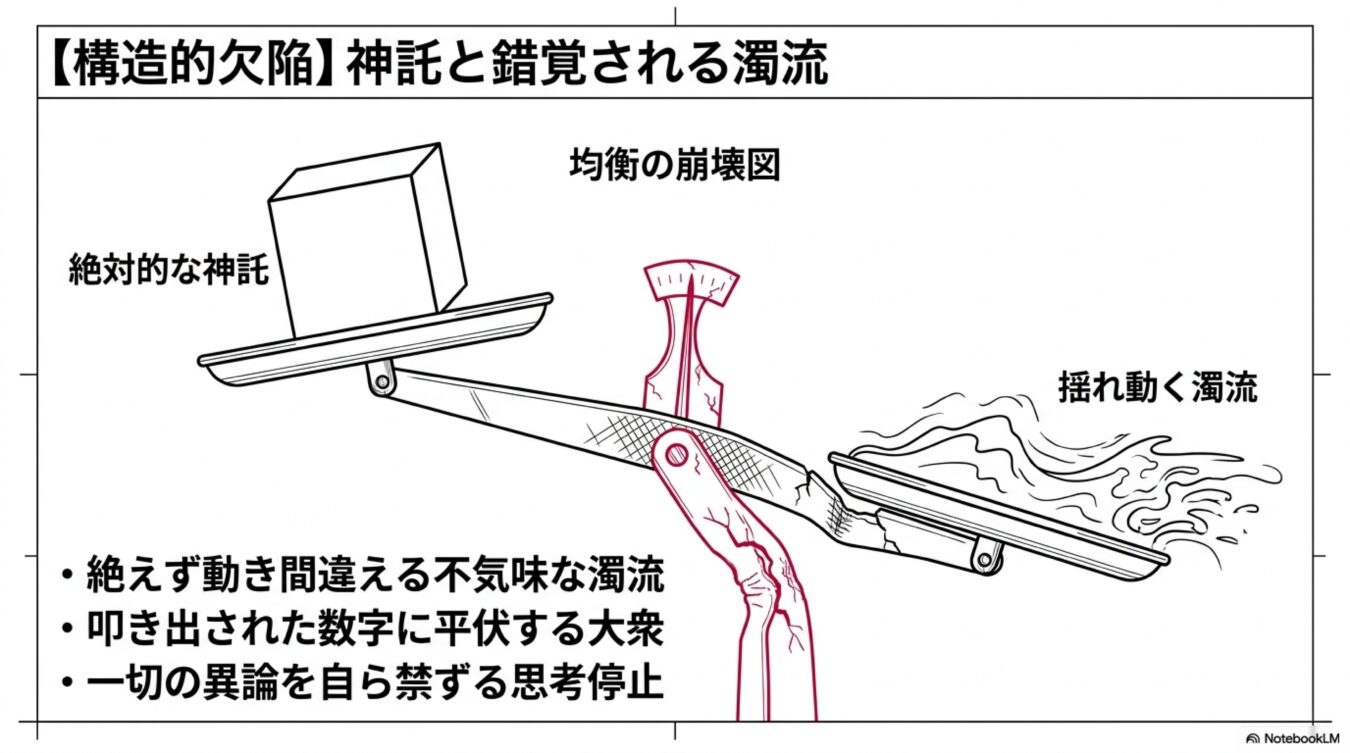 絶対的な神託と揺れ動く濁流を天秤にかけた構図で、思考停止に陥った大衆の構造的欠陥を批判する概念図。