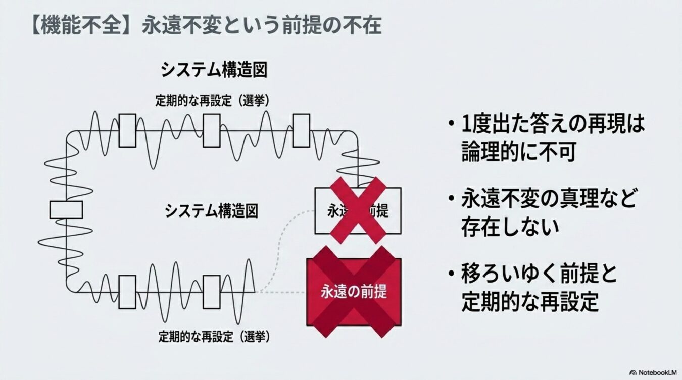 機能不全:永遠不変という前提の不在を示す図。システム構造における定期的な再設定の必要性と、固定的な前提が否定される論理構造を解説している。