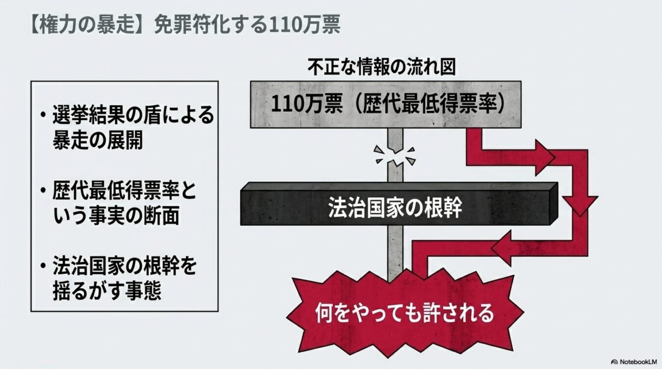 歴代最低得票率の110万票が法治国家の根幹を断ち切り、権力の暴走を免罪符化していく構造を示した解説図。