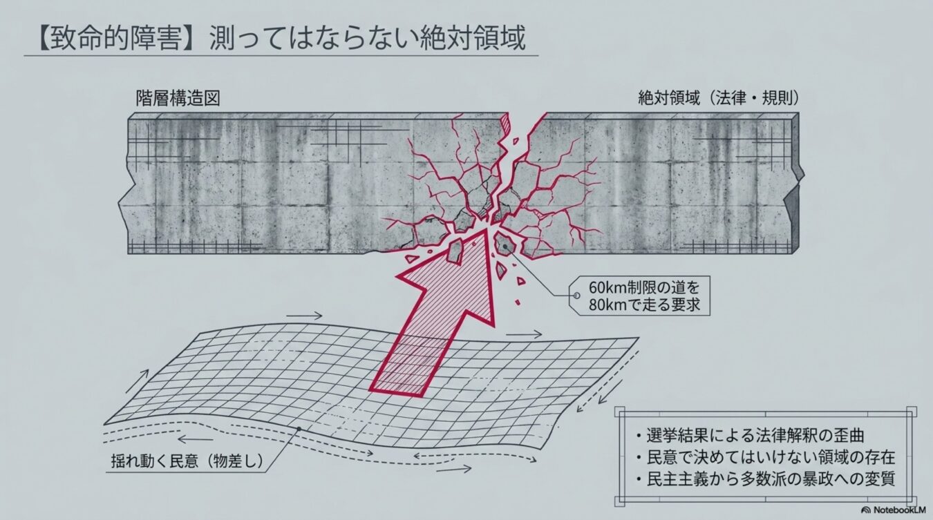 法律や規則という絶対領域を、揺れ動く民意が侵害することで構造的な破壊を招くリスクと、多数派の暴政への変質を警告する図解。