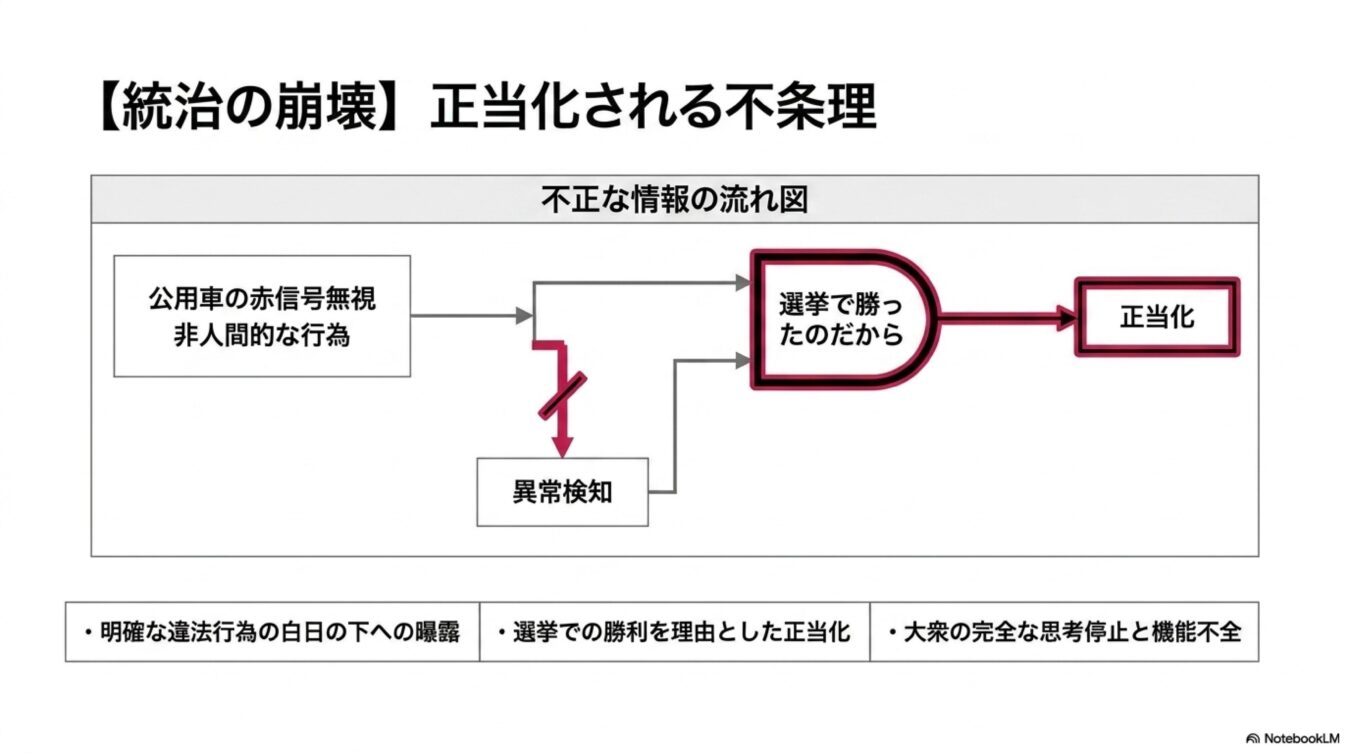 公用車の違反行為が選挙での勝利を理由に正当化され、異常検知が機能せず大衆の思考停止に至る過程を示す概念図。