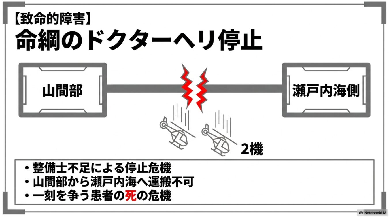 整備士不足によりドクターヘリ2機が停止し、山間部から瀬戸内海側への緊急搬送ができず、患者の命が危険にさらされている状況を示す図解。