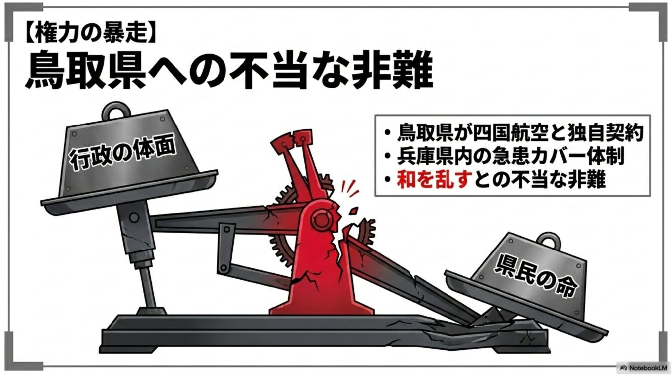 行政の体面を優先し県民の命が軽視される状況を、天秤が破損する図で表現。鳥取県への不当な非難に関する主張を掲示。