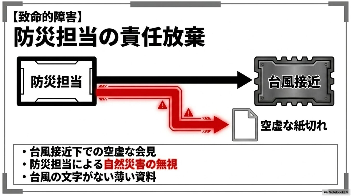 致命的障害として、台風接近時に防災担当者が自然災害を無視し、内容の薄い資料で会見を行う責任放棄の構図図解。