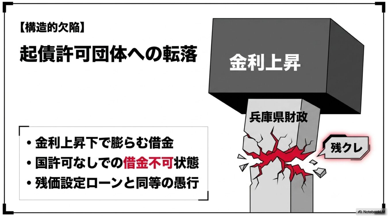 金利上昇の重圧でひび割れる兵庫県財政の図。起債許可団体への転落を招く、残価設定ローンと同様の借金依存体質という構造的欠陥を指摘している。