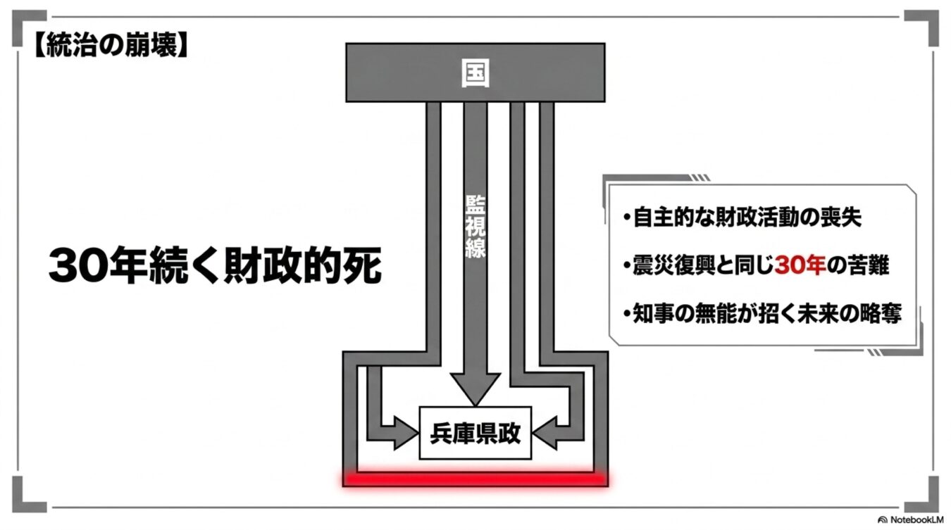 国による監視下で自主性を失った兵庫県政が、30年にわたる財政的死と苦境に立たされる構造を示した概念図。