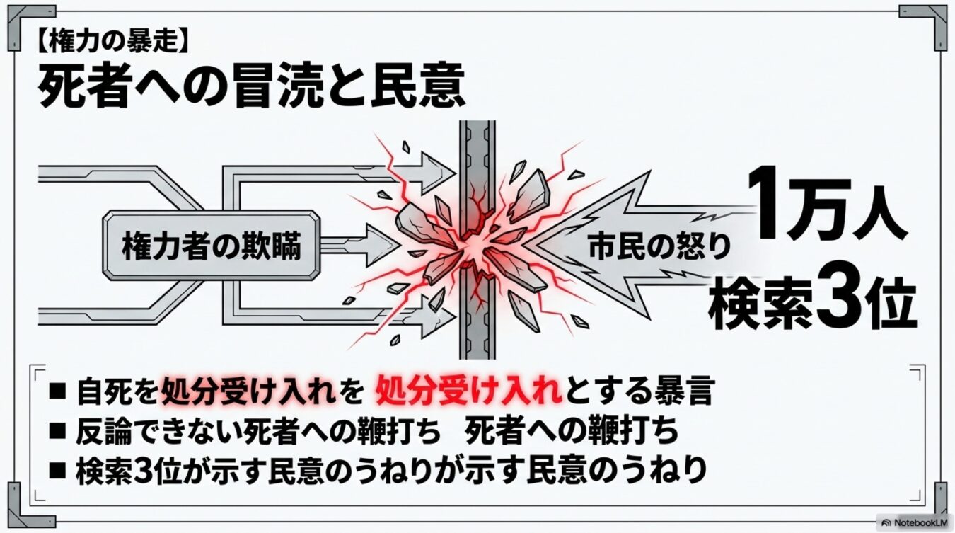 権力者の欺瞞と死者への冒涜に対し、市民の怒りが壁を打ち破る図解。検索順位が示す民意のうねりを表現しています。