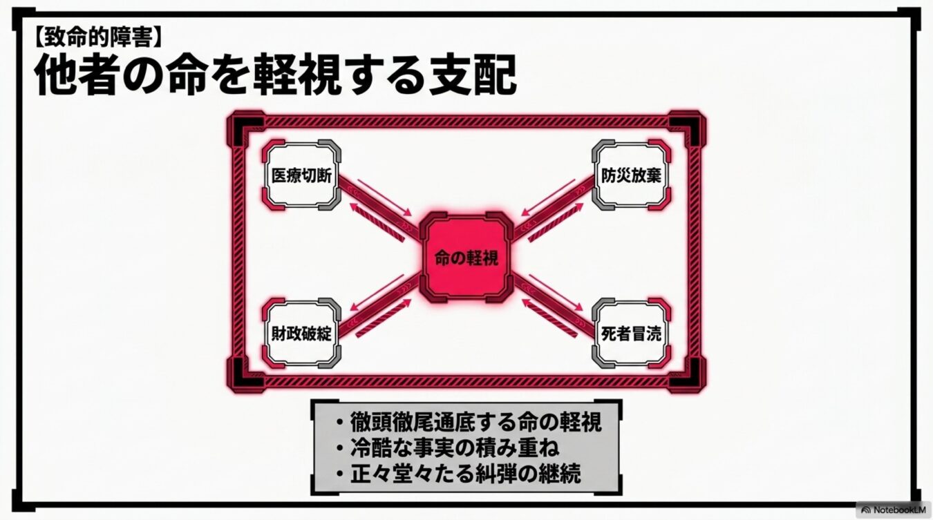 致命的障害：他者の命を軽視する支配という題のもと、医療切断や防災放棄などの要素が命の軽視に集約される構造と、冷酷な事実の積み重ねを示した図解。