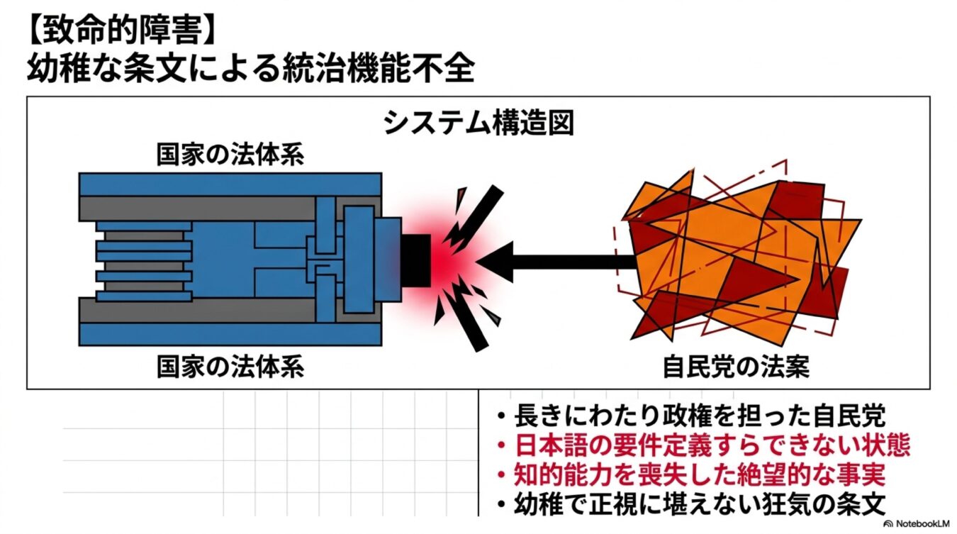 国家の法体系というシステムに、自民党の法案が衝突して致命的な障害を引き起こしている様子を示した図。その条文の幼稚さと統治機能不全への批判が併記されている。