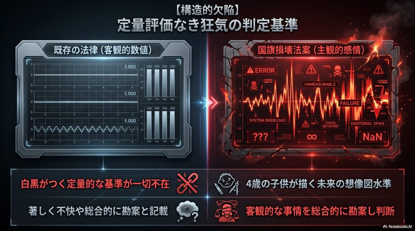 既存の法律による定量的な評価と、感情に基づく不確かな判定基準を比較し、客観的指標の欠如と恣意的な判断への危惧を対比的に示した図解。