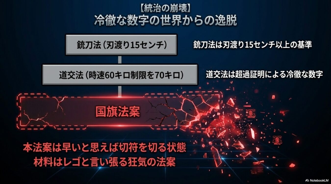 数値基準の曖昧さを統治の崩壊と位置づけ、銃刀法や道交法を例に、国旗法案が抱える恣意的な運用の危険性を図示した解説。