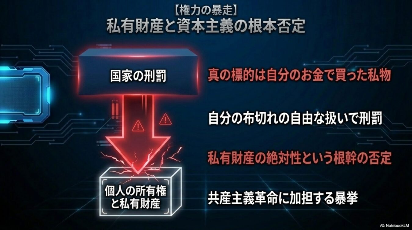 権力の暴走による私有財産と資本主義の否定をテーマにした図解。国家による刑罰が個人の所有権を侵害し、私有財産の絶対性が否定される構図を解説している。