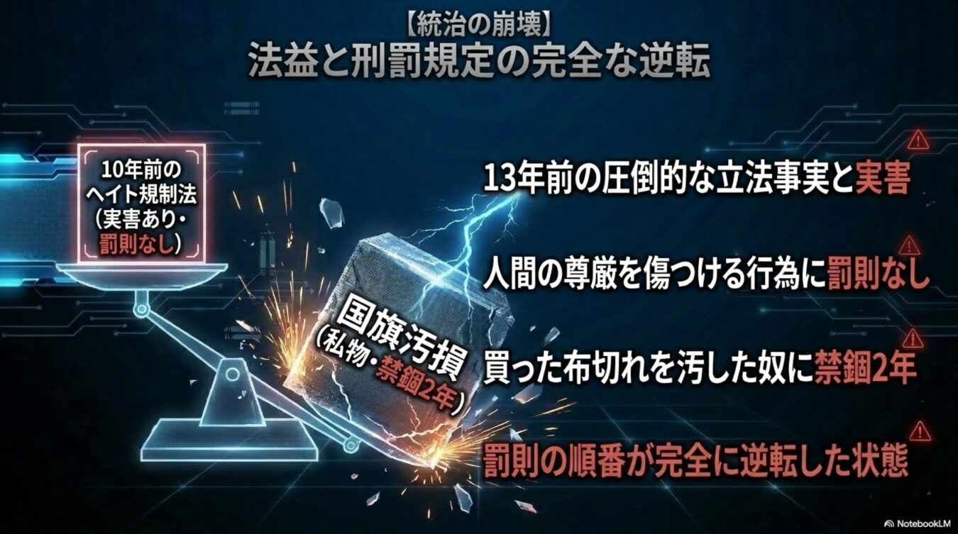 統治の崩壊をテーマに、実害はあるが罰則のないヘイト規制法と、国旗汚損に対する重い罰則を対比させ、法益と刑罰規定の逆転を訴える図解。