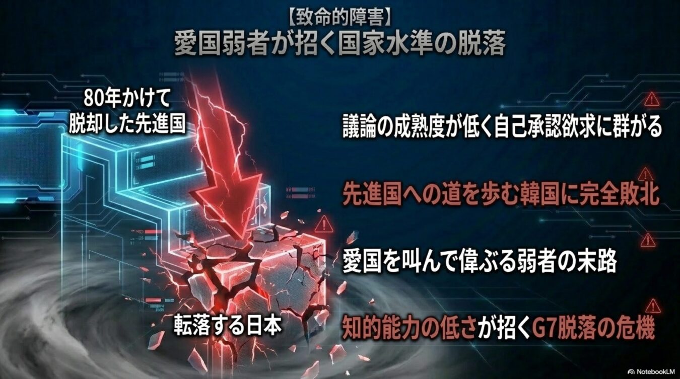 致命的障害と題し、知的成熟度の不足が招く日本の国際的地位低下やG7脱落の危機、愛国主義への批判を論じた図解。