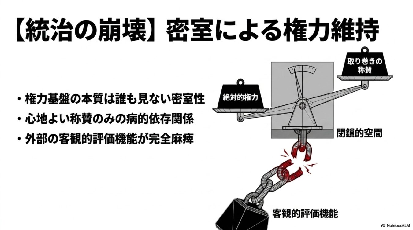 密室での権力維持と客観的評価機能の麻痺による統治の崩壊を、天秤と千切れた鎖の図で解説するスライド。