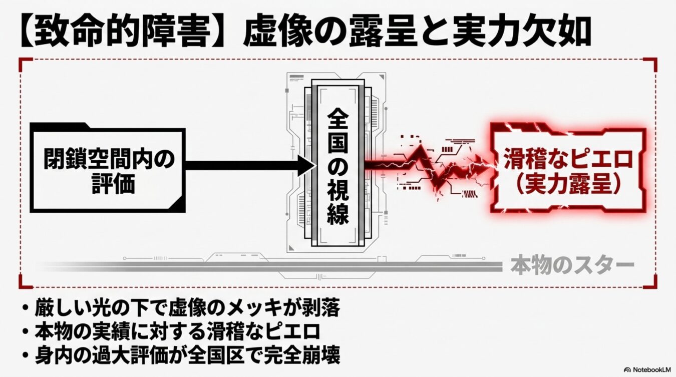 閉鎖空間内の過大評価が全国の視線に晒されることで、虚像のメッキが剥がれ実力が露呈するプロセス。