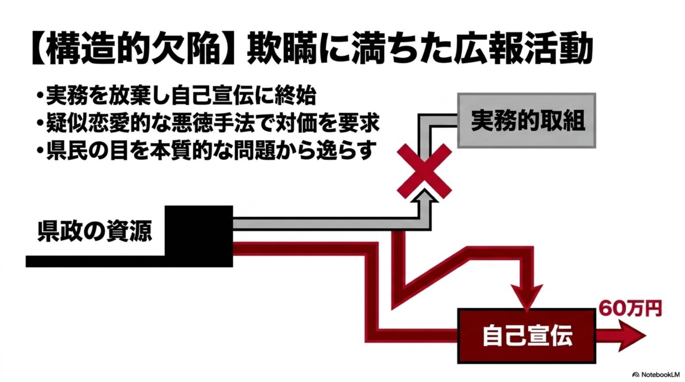県政の資源が実務的取組に使われず自己宣伝に費やされている構造的欠陥を示す図。