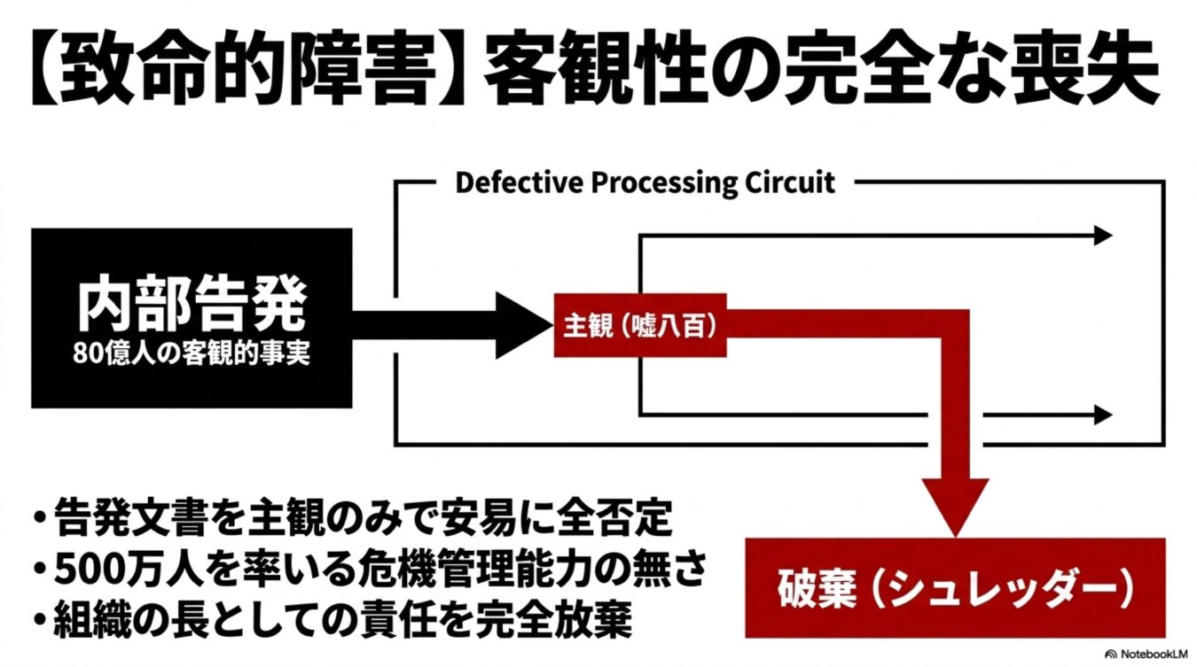 客観的な内部告発が主観によって全否定され、破棄される組織の機能不全と危機管理能力の欠如を示す図解。