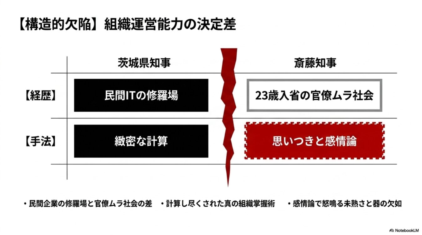 茨城県知事と斎藤知事の経歴や手法を対比し、民間IT出身の緻密な計算と官僚出身の感情論による組織運営能力の差を示す。
