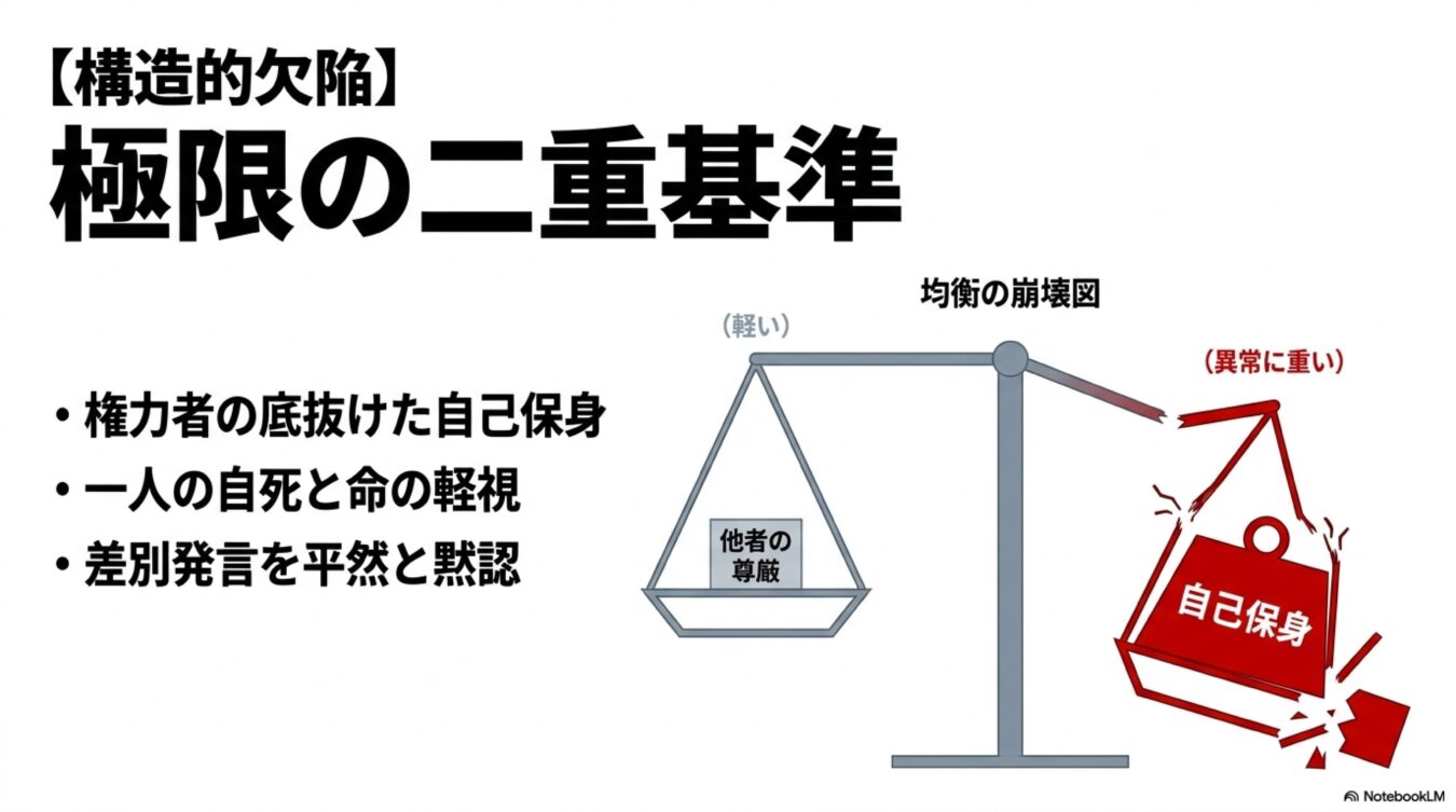 極限の二重基準をテーマに、他者の尊厳より自己保身を優先し、均衡が崩壊した構造を天秤のイラストで示している。