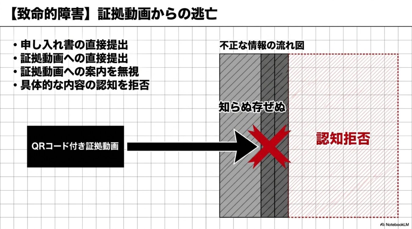 致命的障害：証拠動画からの逃亡と題し、QRコード付き証拠動画の提示に対し、知らぬ存ぜぬや認知拒否で対応する不正な情報の流れを図解した資料。