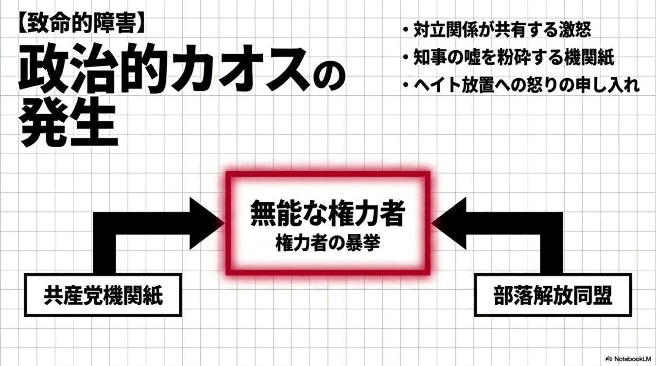 無能な権力者と権力者の暴挙に対し、共産党機関紙と部落解放同盟が対立関係を超えて怒りを共有し、政治的カオスが発生する構図を示した図解。