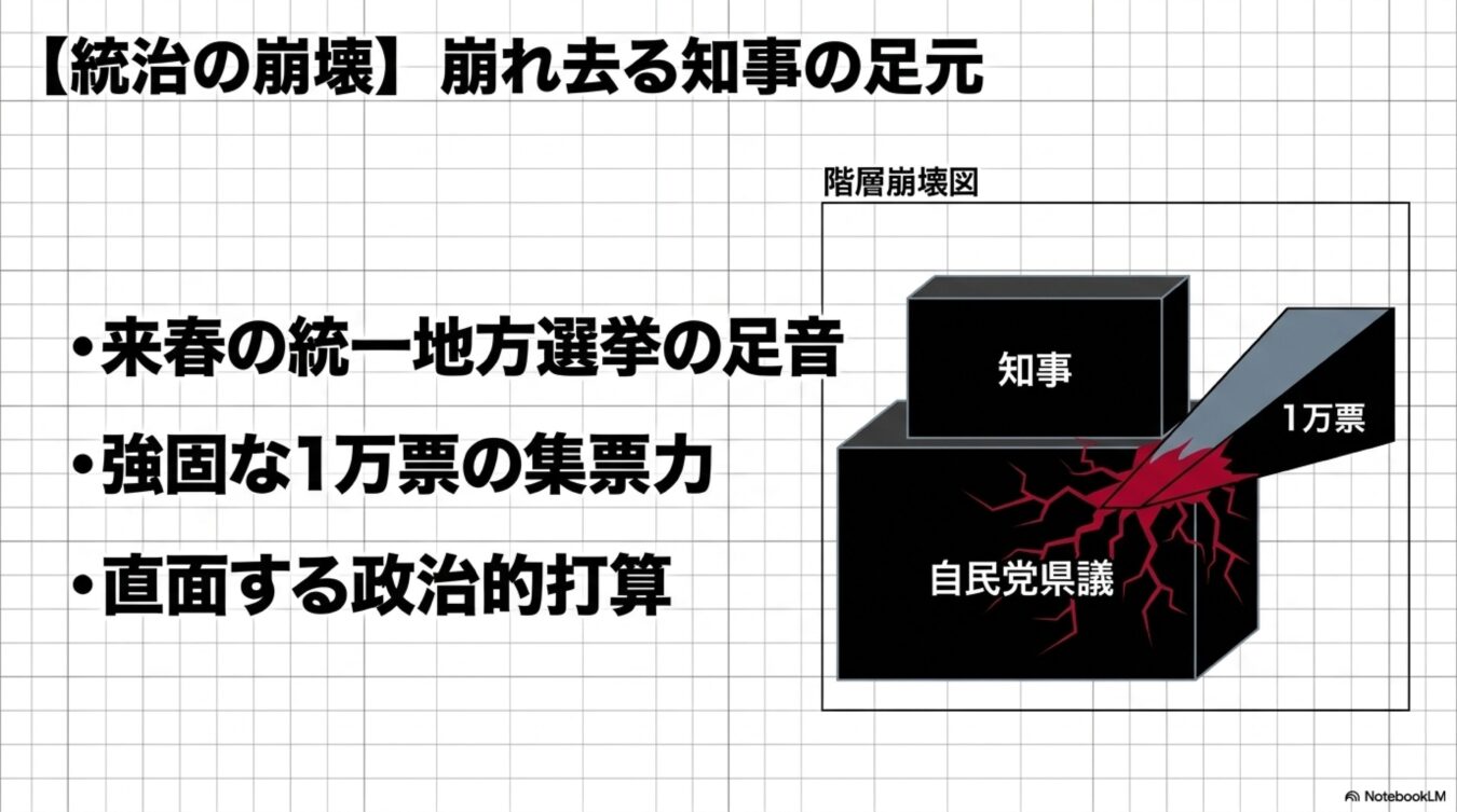 統治の崩壊をテーマに、知事と自民党県議の力関係や1万票の集票力が政治的な打算に与える影響を解説する図解。