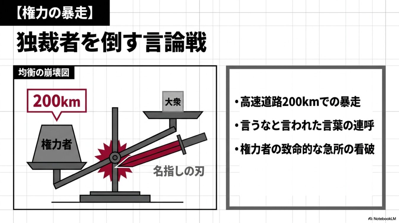 権力の暴走と独裁者を倒す言論戦をテーマに、200kmで暴走する権力者に対し、大衆が名指しの刃で急所を突く構造と戦略を解説する図解。