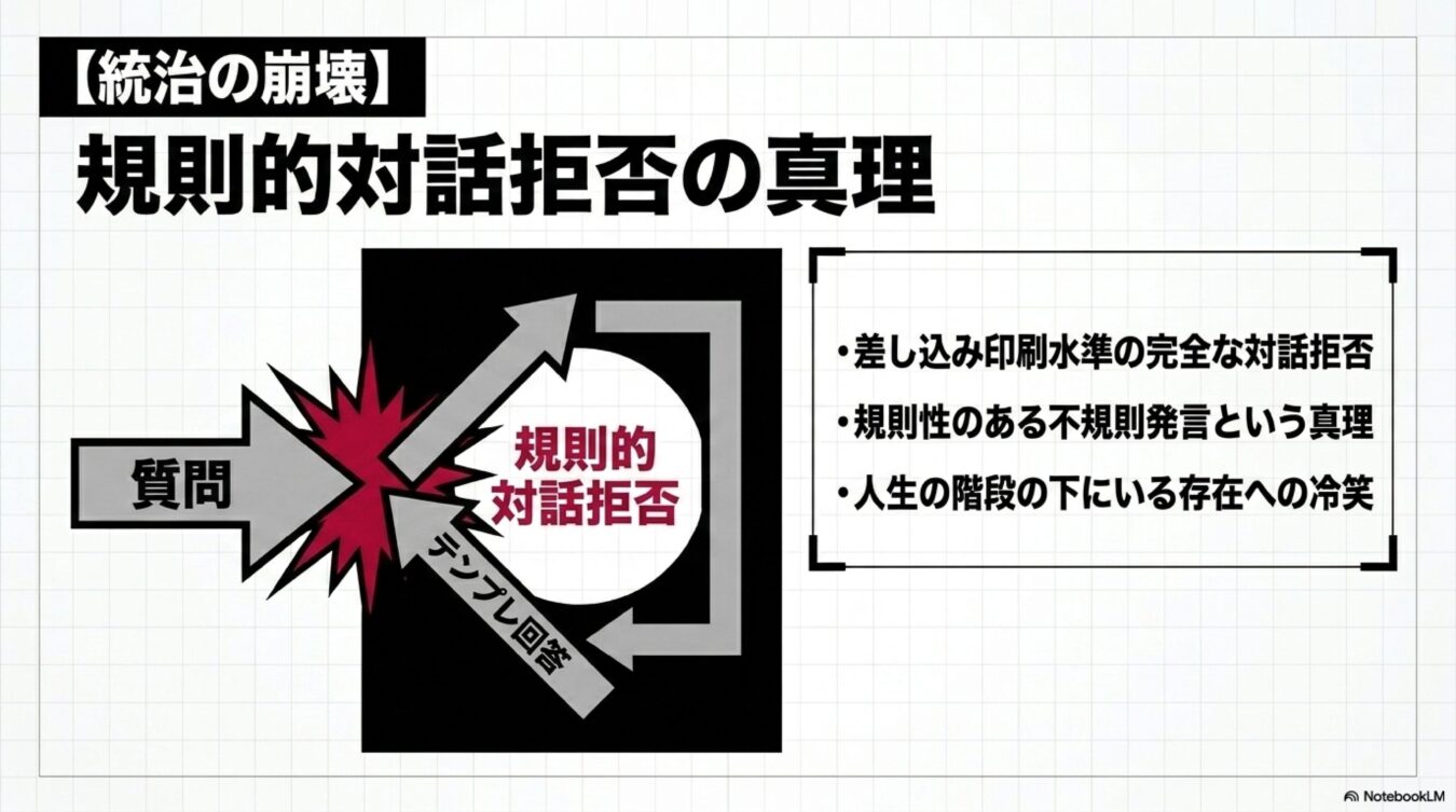 統治の崩壊をテーマに、質問に対して定型文で対応する規則的対話拒否の構造と、その背後にある心理的真理を解説する図解。