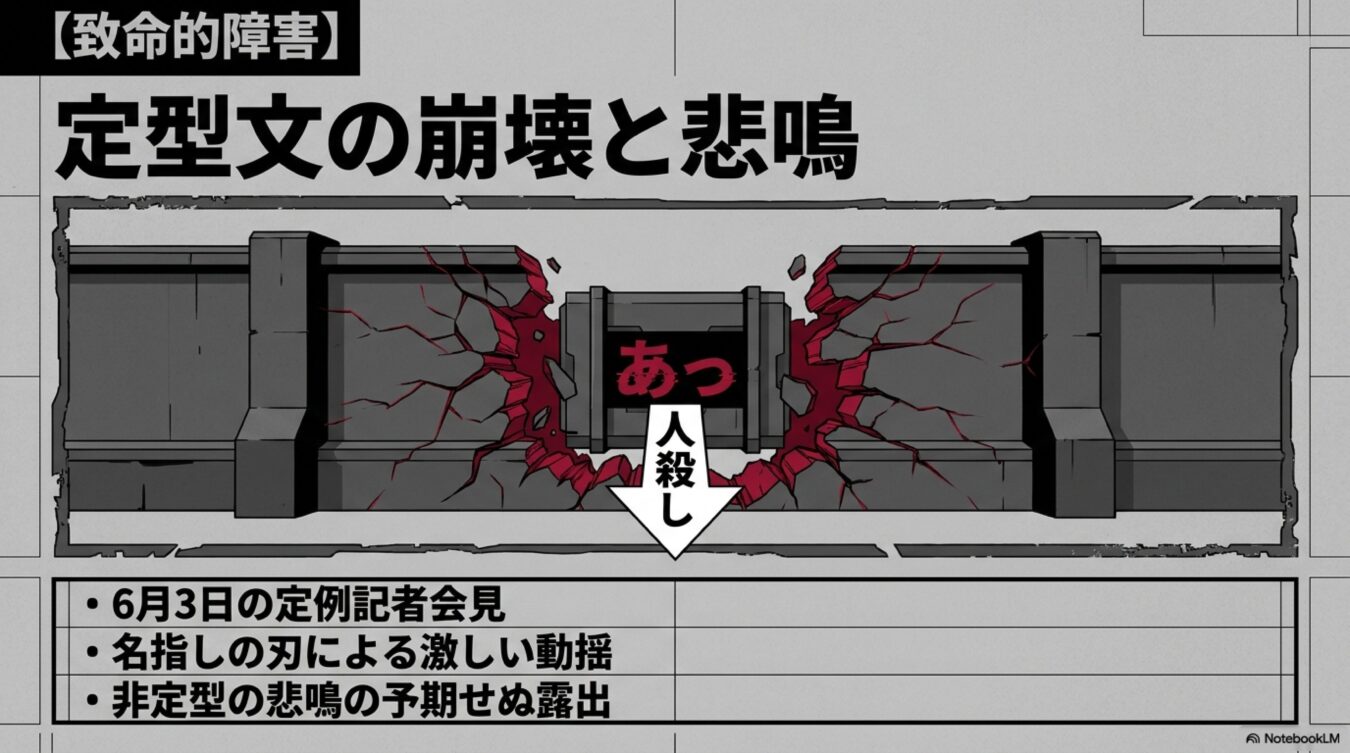 致命的障害 定型文の崩壊と悲鳴と題し、壁が崩れるイラストと共に、6月3日の記者会見における予期せぬトラブルと動揺を表現した図解。