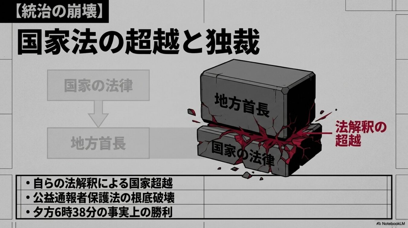 統治の崩壊をテーマに、地方首長が自らの法解釈で国家の法律を超越し、根底から破壊する独裁的な権力行使の構図を図解したもの。
