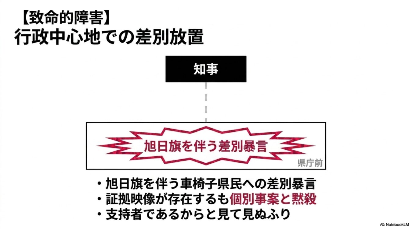 県庁前での車椅子県民に対する差別暴言と、それを黙殺・放置する知事の対応を説明するスライド資料。