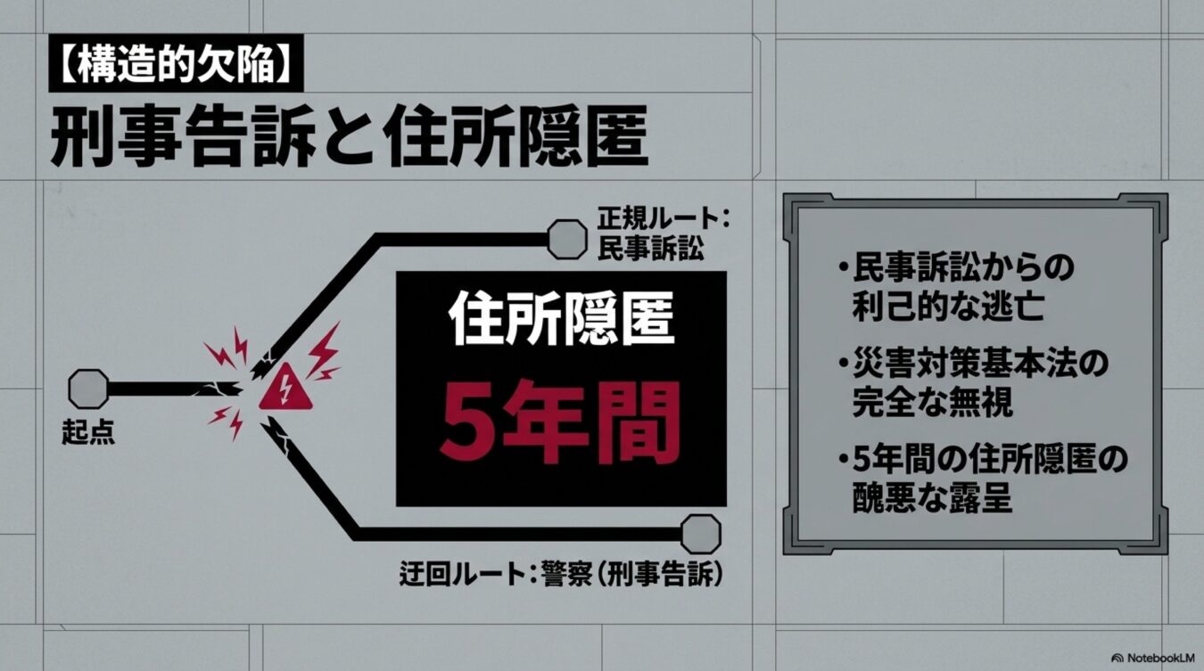 民事訴訟と刑事告訴の分岐図。住所隠匿が5年間続き、民事訴訟からの逃亡や法律の無視といった構造的欠陥が指摘されている。