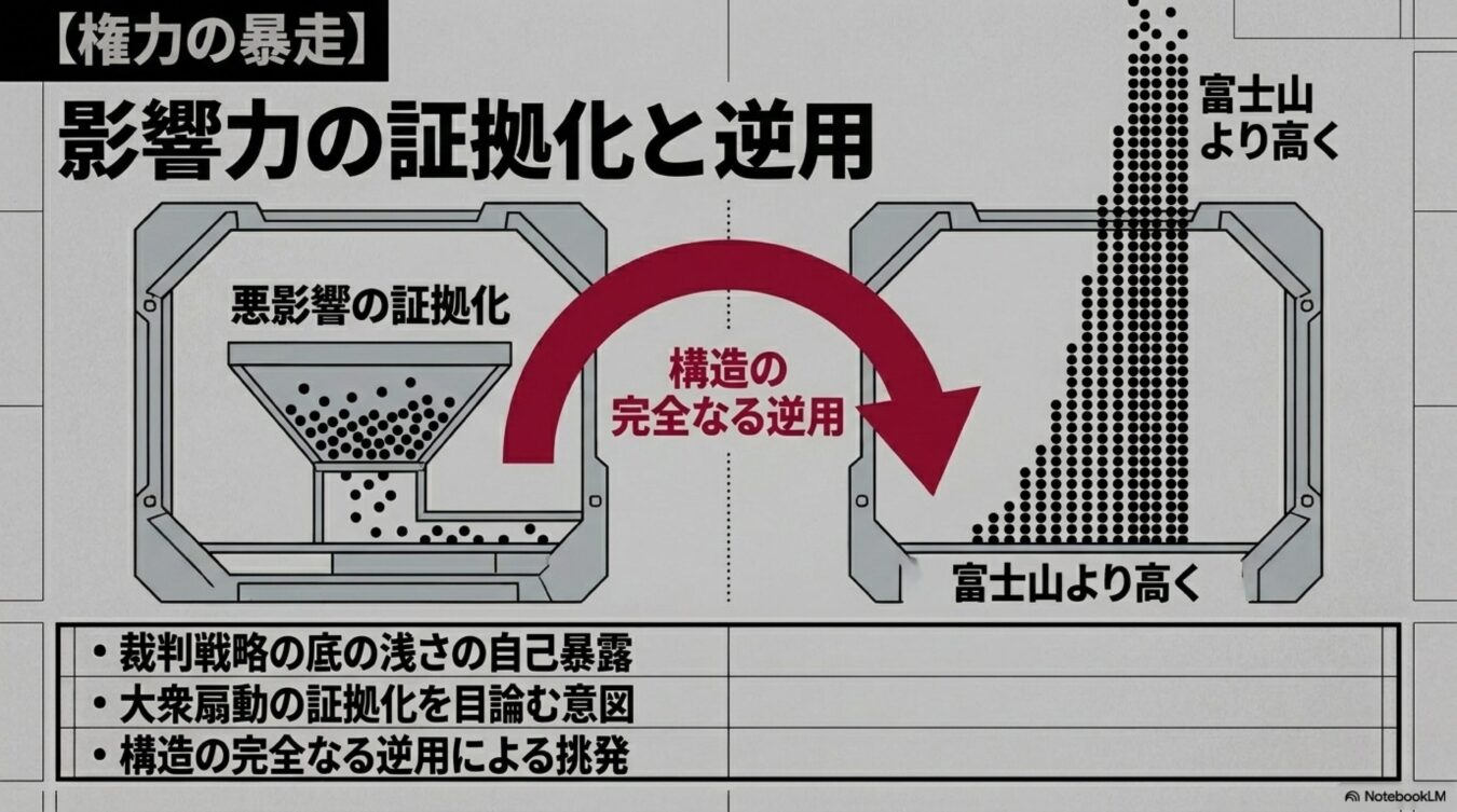 権力の暴走による影響力の証拠化と、その構造を逆用して富士山を超える高さまで扇動を増幅させる概念図。