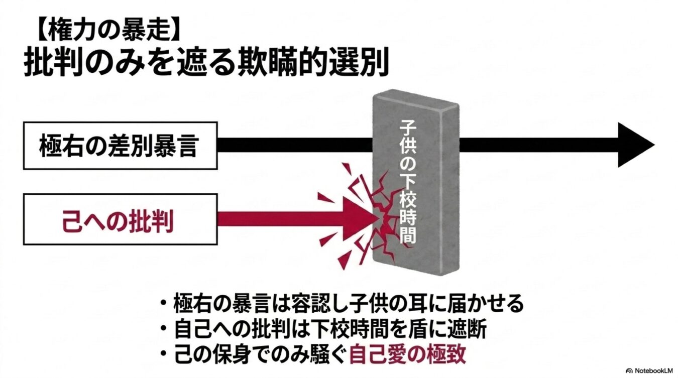 子供の下校時間を盾にして自分への批判のみを遮断し、極右の暴言は容認する欺瞞的な選別を示す図解。