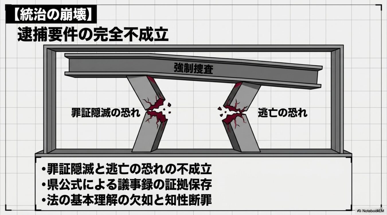 統治の崩壊をテーマに、罪証隠滅と逃亡の恐れという逮捕要件が崩れ、強制捜査の根拠が失われている様子を柱が折れる図で表現した解説画像。