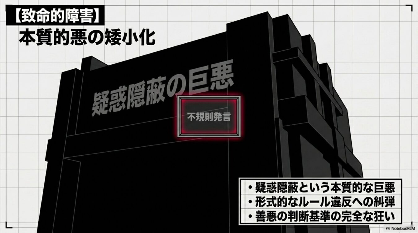 致命的障害としての本質的悪の矮小化をテーマに、疑惑隠蔽の巨悪と不規則発言、善悪の判断基準の狂いを指摘する解説図。