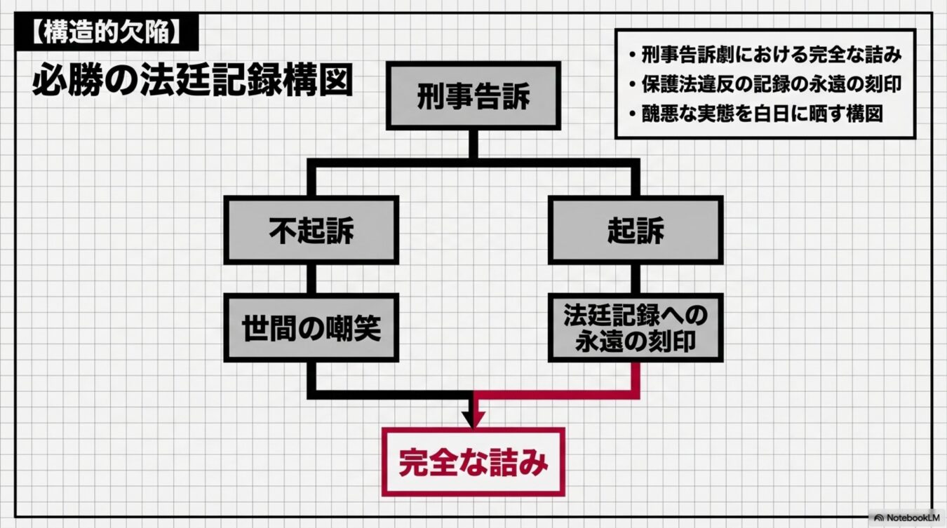 刑事告訴から不起訴または起訴へ至り、いずれの結末でも完全な詰みへ至る構造を示す図解。法的リスクと社会的制裁の不可避性を表現している。
