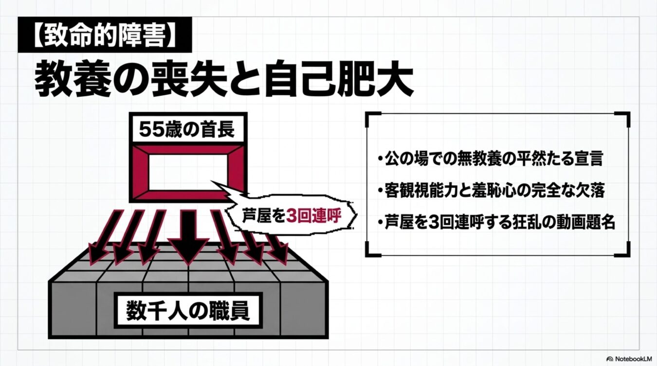 致命的障害:教養の喪失と自己肥大と題し、公の場で芦屋を連呼する首長の無教養さと、その権力や姿勢に対する批判的な図解。