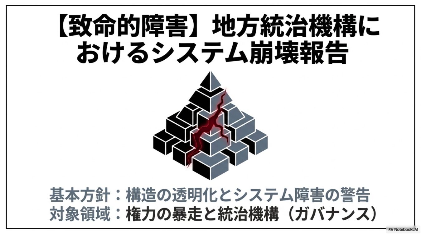 地方統治機構における致命的なシステム崩壊の警告。構造の透明化を求め、権力の暴走とガバナンスの危機を象徴する図解。