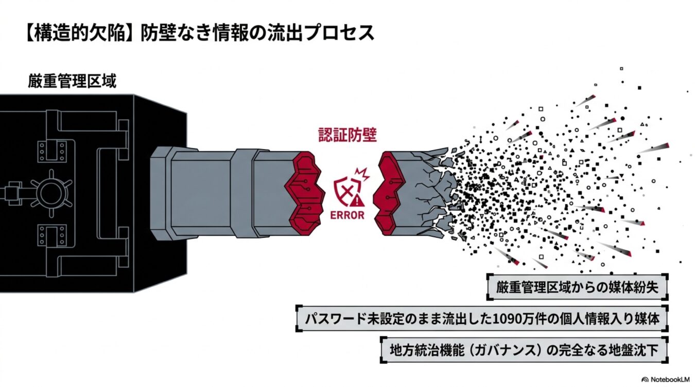 厳重管理区域からパスワード未設定の媒体が流出し、認証防壁が機能せず1090万件の個人情報が漏洩する構造的欠陥を示す図。