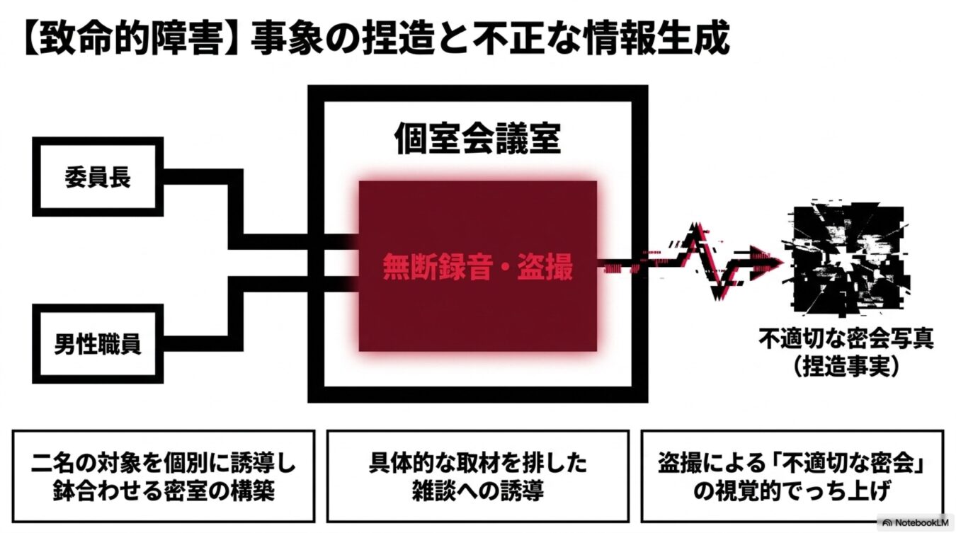 個室会議室での無断録音・盗撮により、対象者を誘導し、不適切な密会事実を捏造する不正な情報生成の仕組み図。