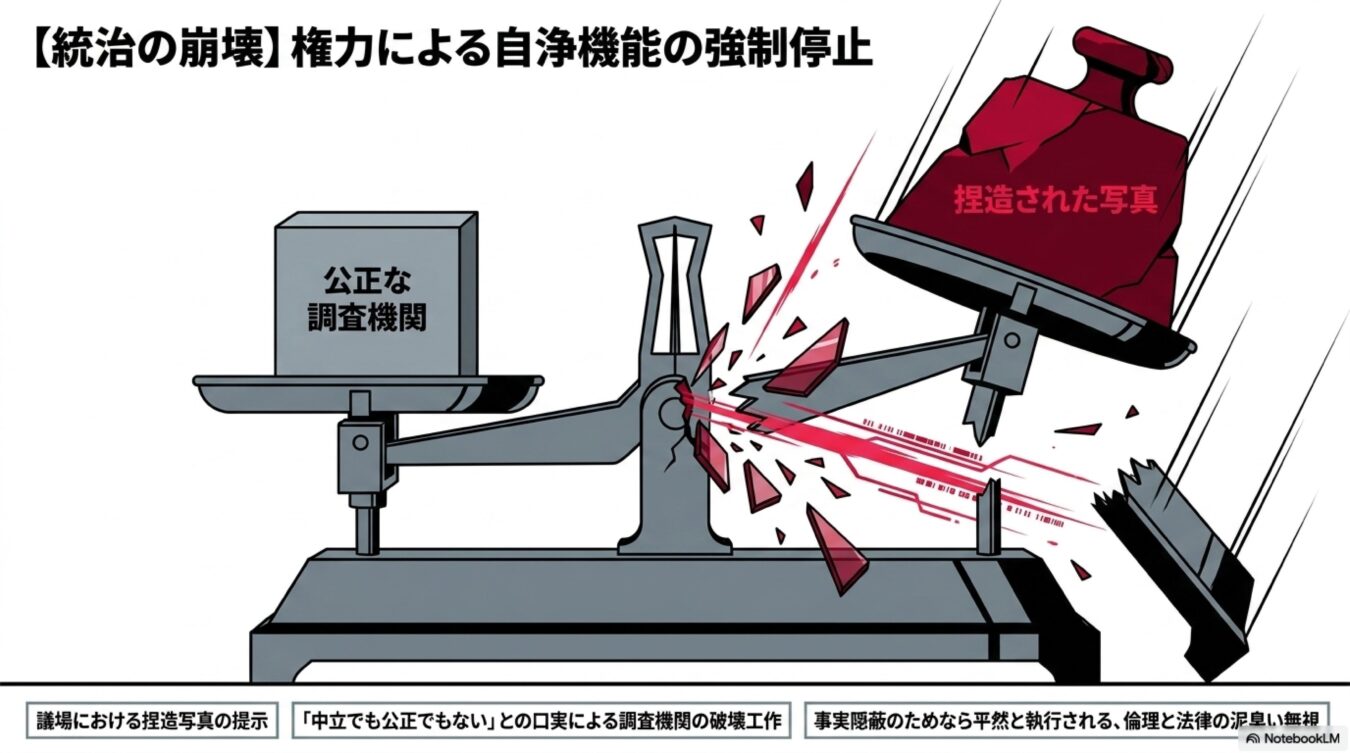 公正な調査機関を捏造された写真によって破壊する様子を描いた図。統治の崩壊をテーマに、事実隠蔽や権力による自浄機能の停止を風刺している。