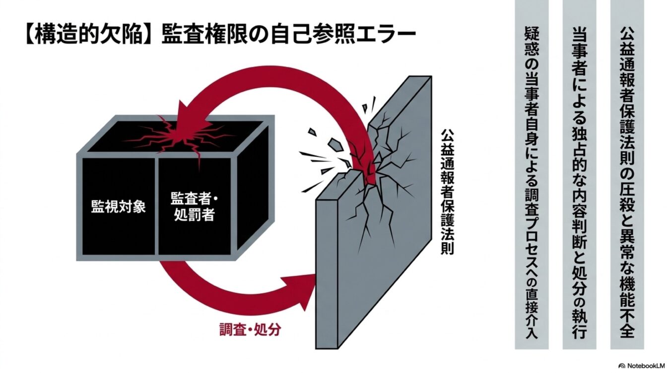 監視対象と監査者・処罰者が同一である構造的欠陥と、公益通報者保護法に介入して機能不全を招く様子を示す概念図。