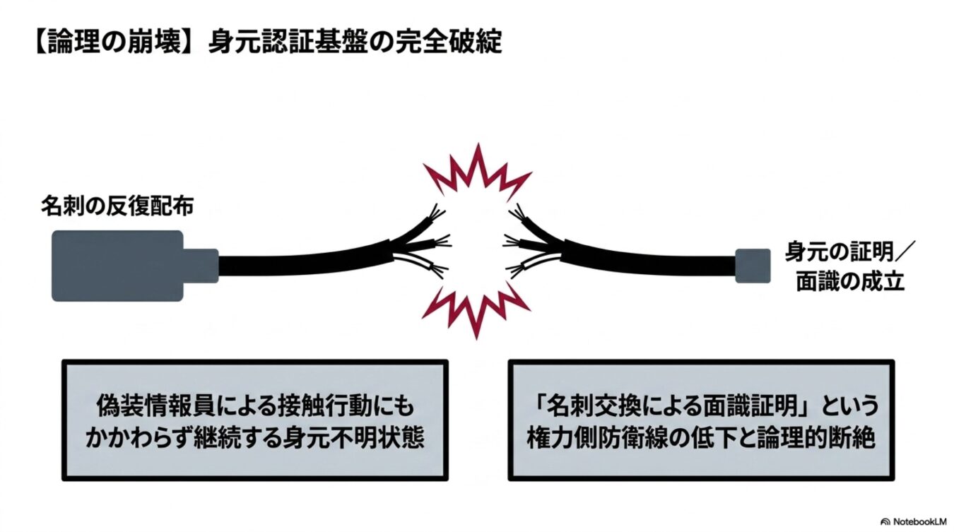 名刺交換による面識証明が機能せず、身元不明状態が継続する身元認証基盤の完全破綻を示した図解。